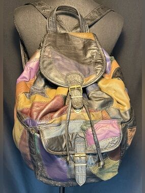 Hato Hasi Leather Patchwork Backpack Boho Slouchy Bag Side Pockets